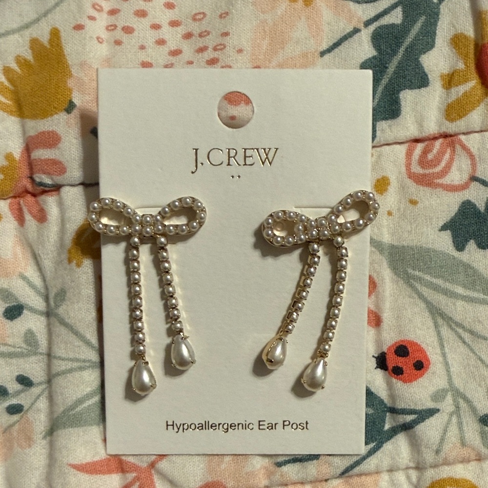 J. Crew Gold Bow Earrings with White Pearl Drops